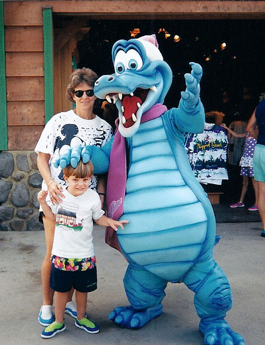 Mom and I with Ice Gator, the symbol of Blizzard Beach, at Blizzard Beach.