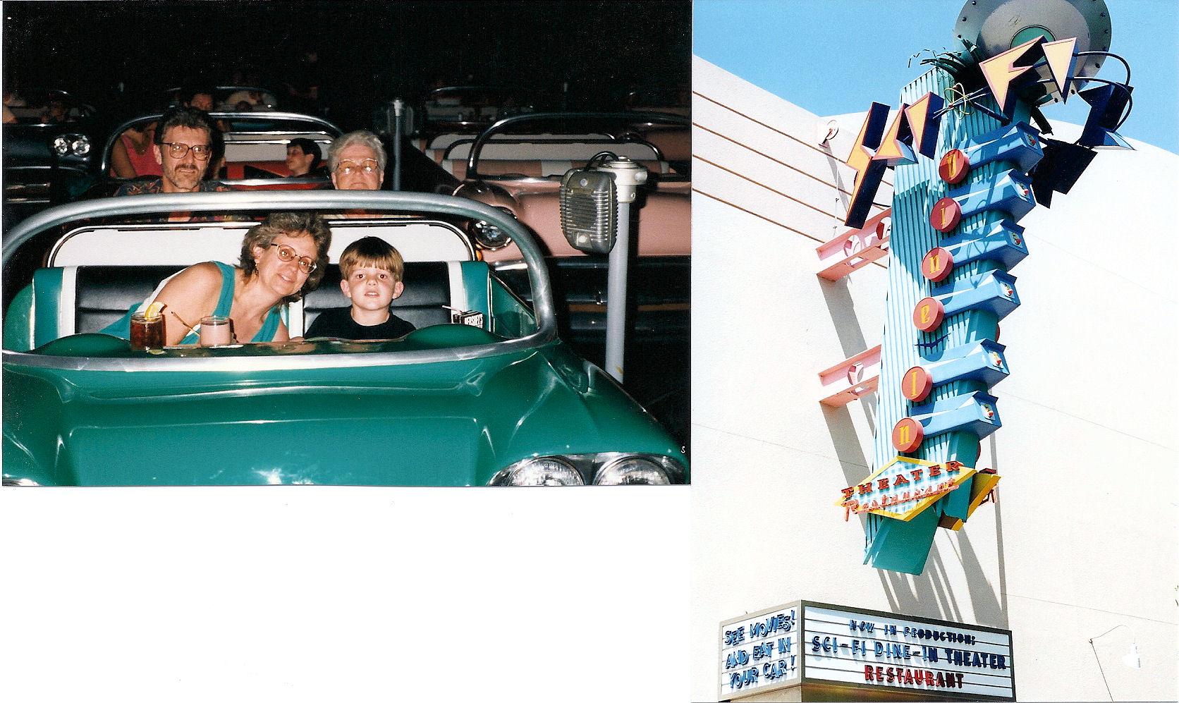 From left to right: my dad, my mom, my grandmother, and I inside the Sci-Fi Dine-In Theater and Disney's MGM Studios at Disney World and the outside of the restaurant.