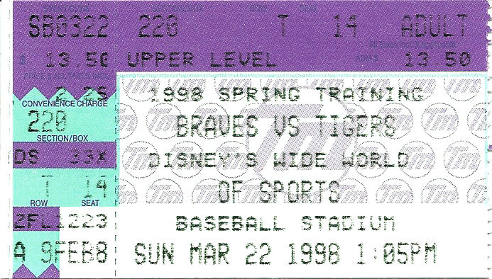 A ticket for a Braves vs. Tigers baseball game at Disney's Wide World of Sports Complex at Disney World. A ticket for a Braves vs. Tigers baseball game at Disney's Wide World of Sports Complex at Disney World.