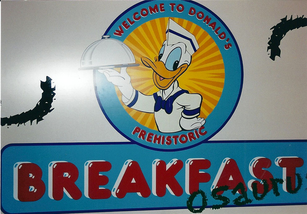A sign for Donald's <span class=SpellE>Breakfastoaurus, a special breakfast in Dinoland U.S.A at Animal Kingdom. A sign for Donald's <span class=SpellE>Breakfastoaurus, a special breakfast in Dinoland U.S.A at Animal Kingdom.