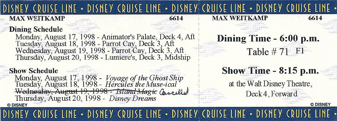 A dining and show schedule for the Disney Cruise Line. A dining and show schedule for the Disney Cruise Line.