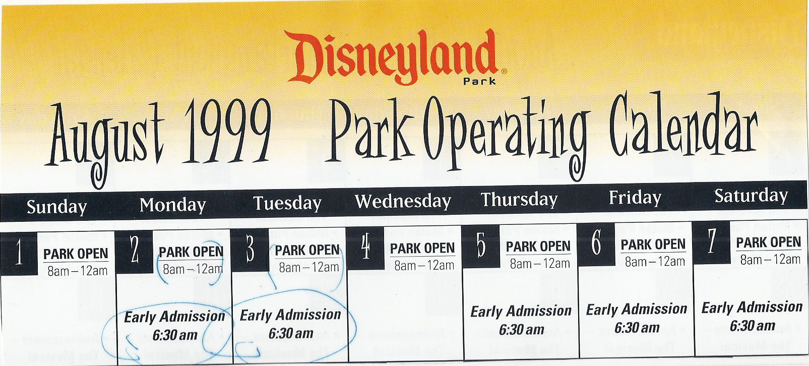 A Disneyland operating calendar.