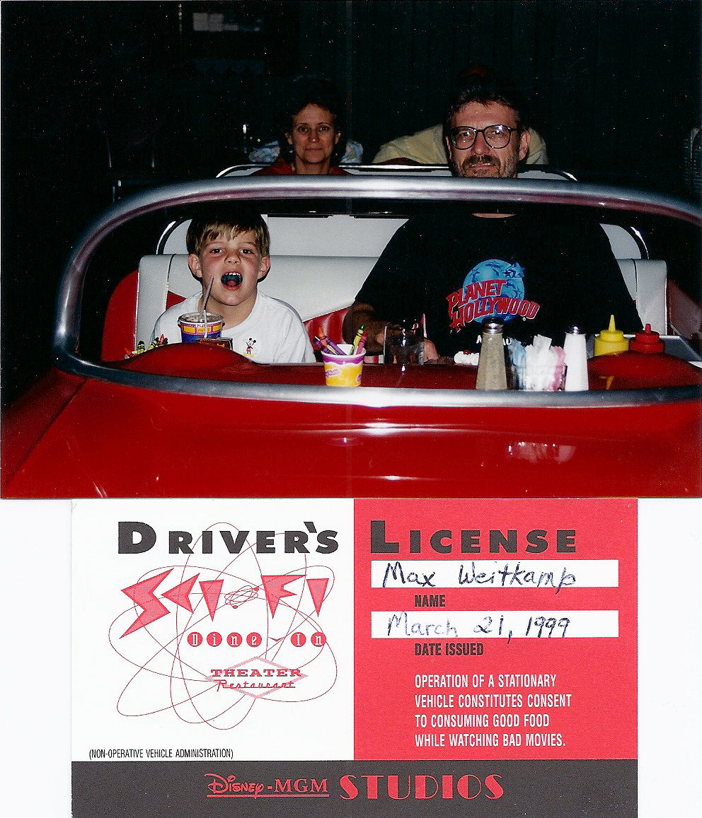 Me, my dad, and my mom at the Sci-Fi Dine-In Restaurant at Disney's MGM Studios, and underneath that picture my driver's license that I got from there.