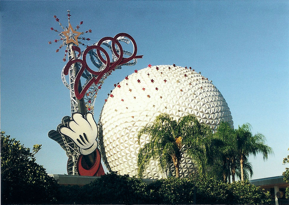 The Big Ball at EPCOT with the Mickey 2000 hand on it to celebrate the year 2000. The Big Ball at EPCOT with the Mickey 2000 hand on it to celebrate the year 2000.