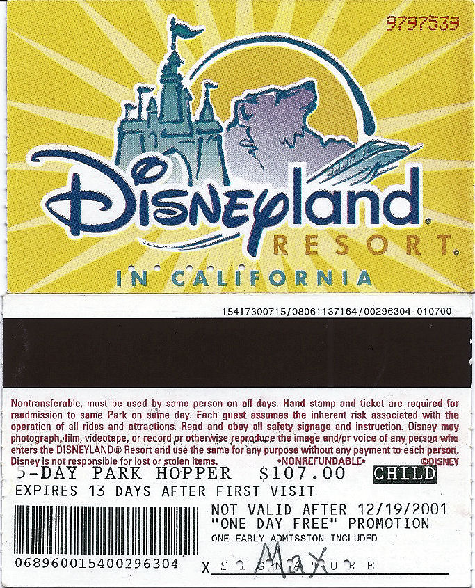 A park hopper ticket to Disneyland and Disney's California Adventure.
