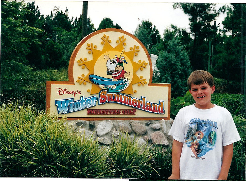 Me at the entrance to Winter Summerland, the other miniature golf course at Disney World, right next to Blizzard Beach.