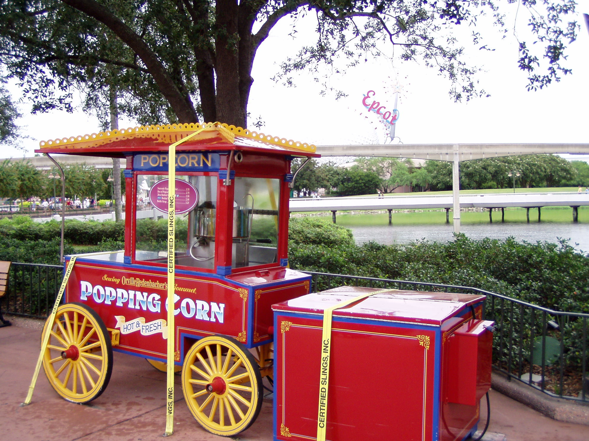 A popcorn cart EPCOT strapped down and prepared for Hurricane Charlie.