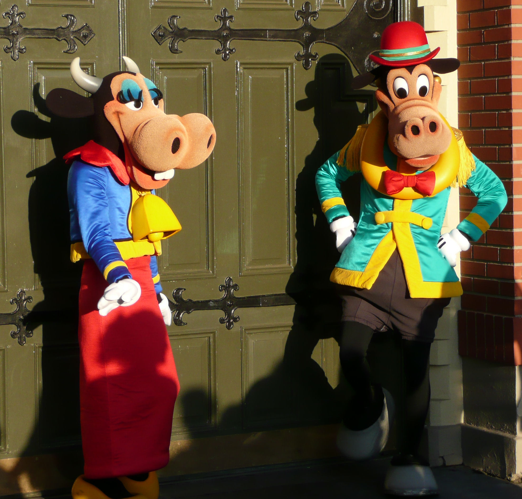 Two rarely seen Disney characters—Clarabelle Cow and Horace Horsecollar—on Main Street, USA, Magic Kingdom, Disney World.