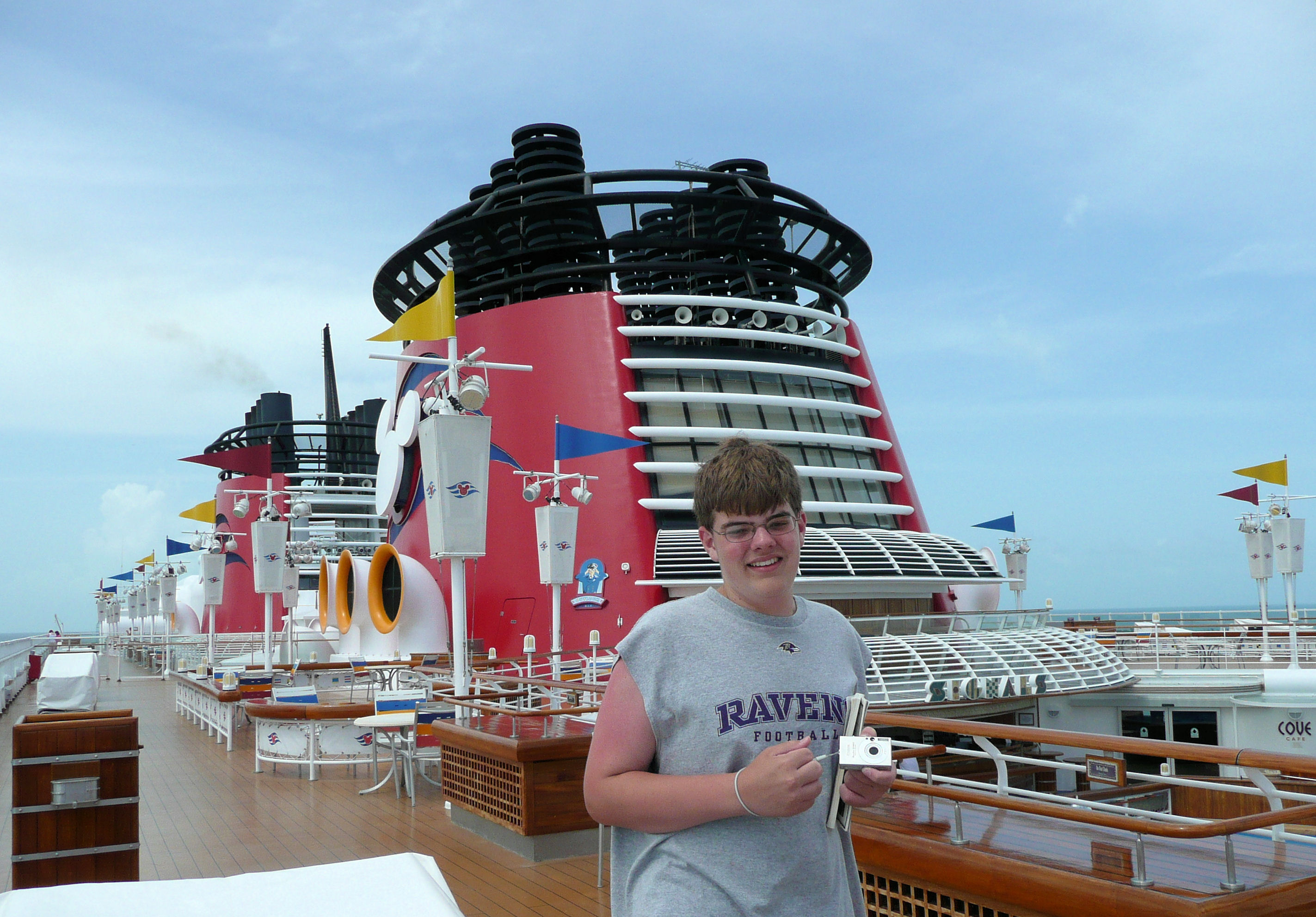 On the top deck enjoying the view on the Disney Cruise Line.