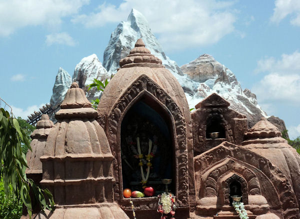 The shrine fits the outline of Everest in the background.
