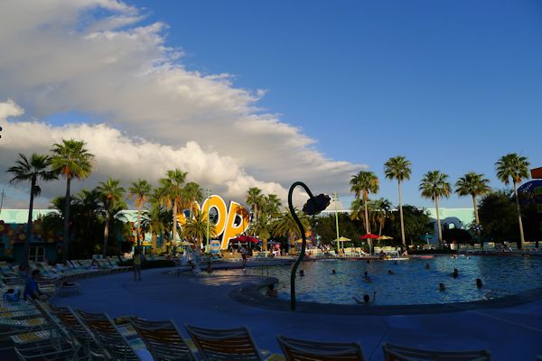 Strolling the property at Pop Century at the end of the day.